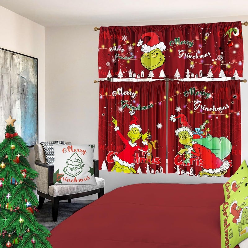 SUNWISHA Christmas Curtain Valances Set Upper Curtain 52'' Lx18'' W & Lower 36'' L x 26'' W x2 Kitchen Windows Decor 3 Piece Set red - Image 2